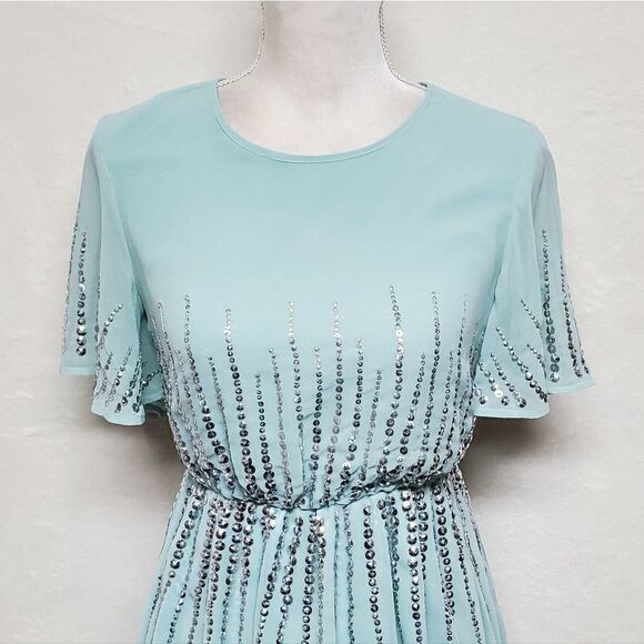ASOS Sage Green Chiffon Sequin Flutter Sleeve Keyhole A-line Formal Dress 2 - Picture 6 of 16